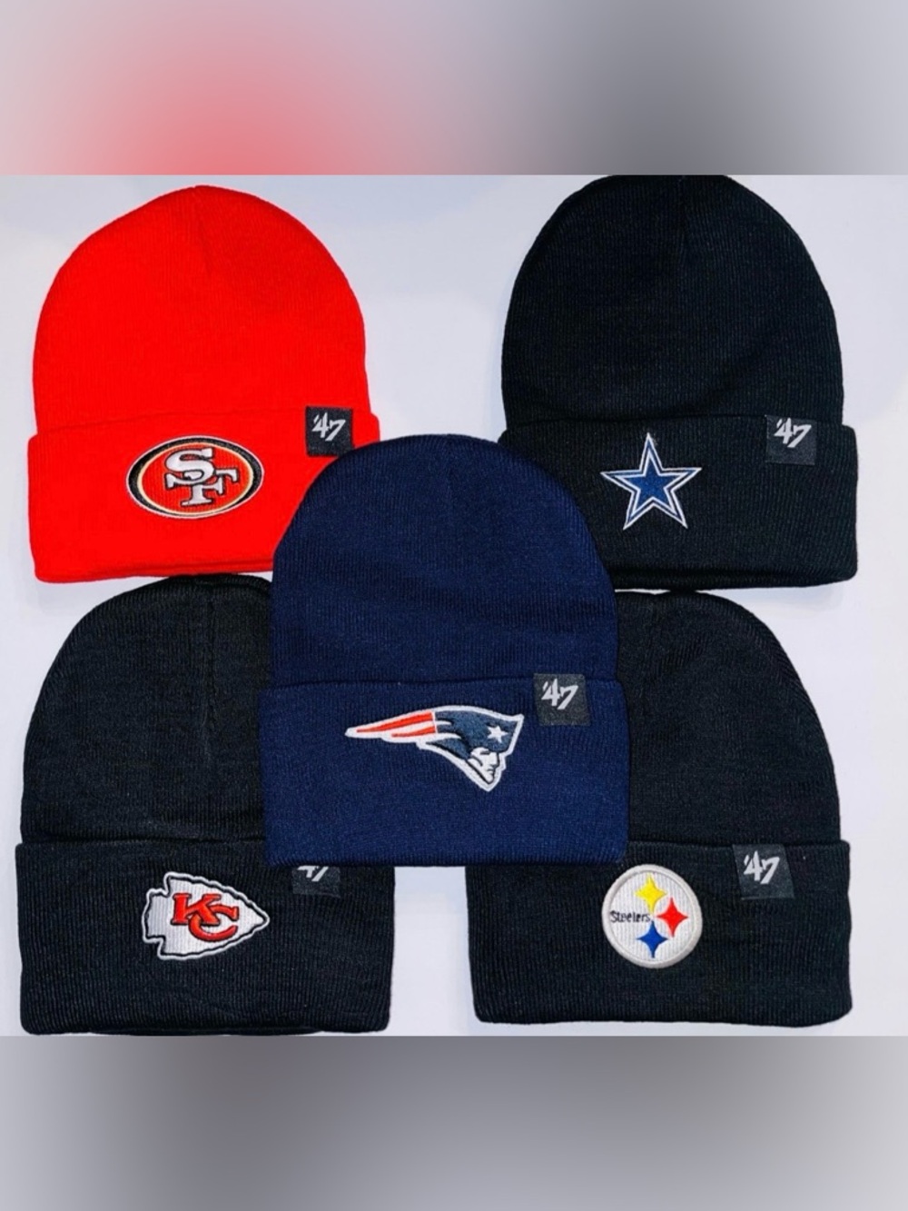 NWOT Adult Beanie Set of 5 Knit Cuffed Winter Hats Sports Style